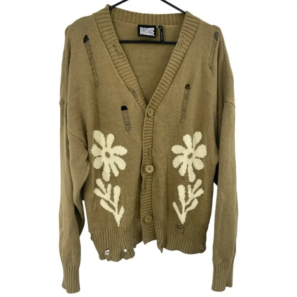 Reclaimed Vintage unisex cardigan distressing flower graphic in khaki green XS 2